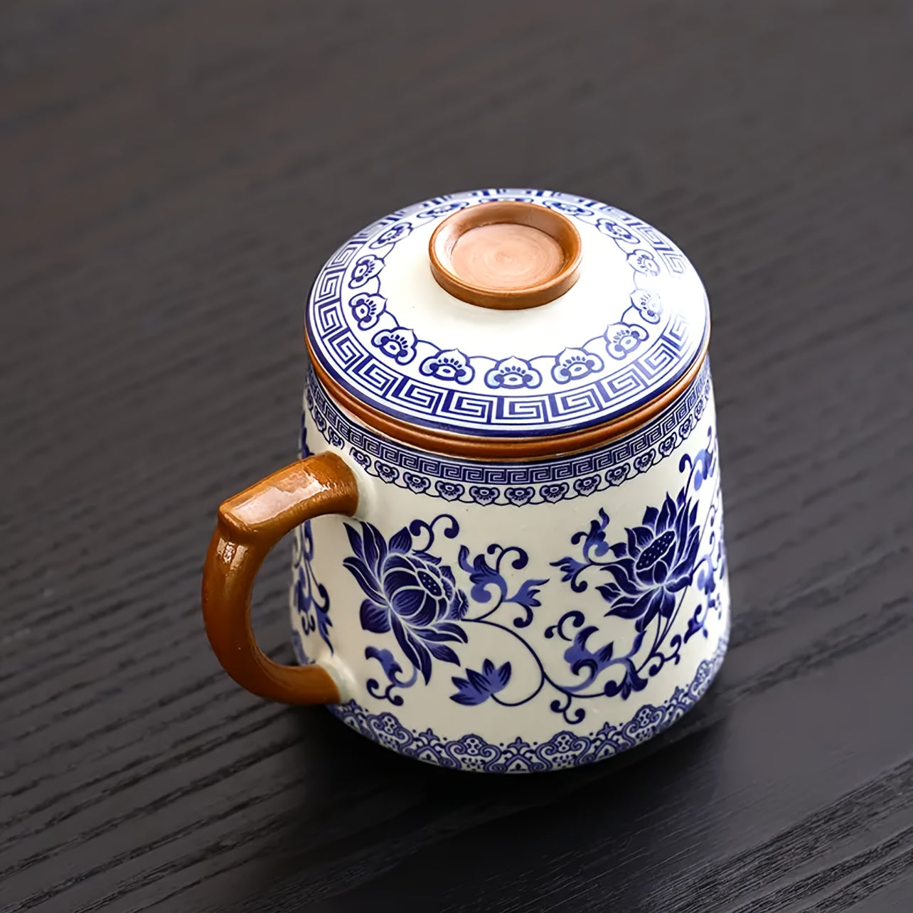 藍白汝家茶杯附蓋 - 花卉咖啡杯，手工製作，傳統中式設計，適合家庭和辦公室使用，僅限手洗，咖啡杯