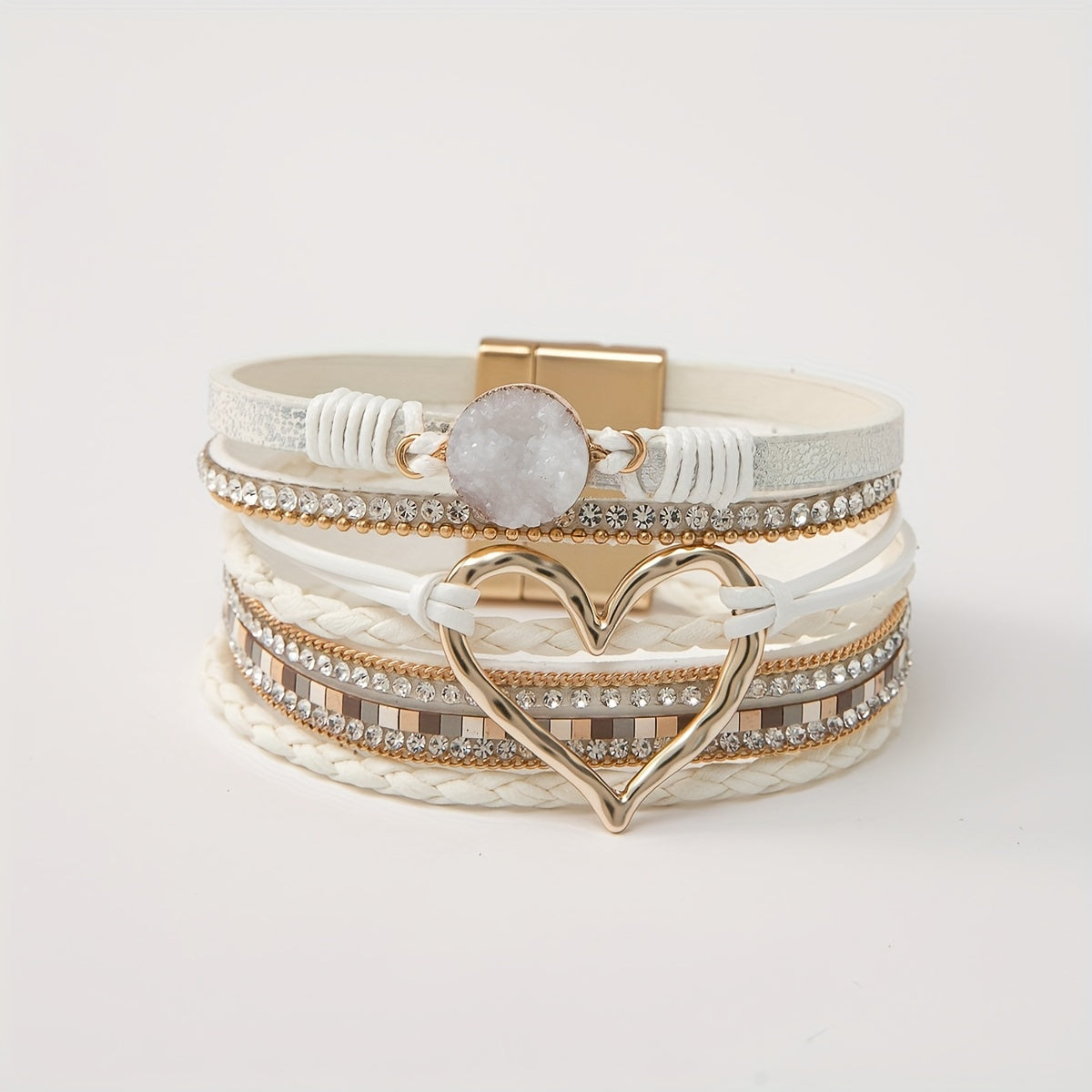 [Boho Chic Heart Bracelet] Boho Chic Multi-Layer PU Leather Magnetic Clasp Bracelet - Black Braided Design & Crystal Accents, Golden-Tone Metal Heart Pendant, Elegant Love Heart - Daisan Mart