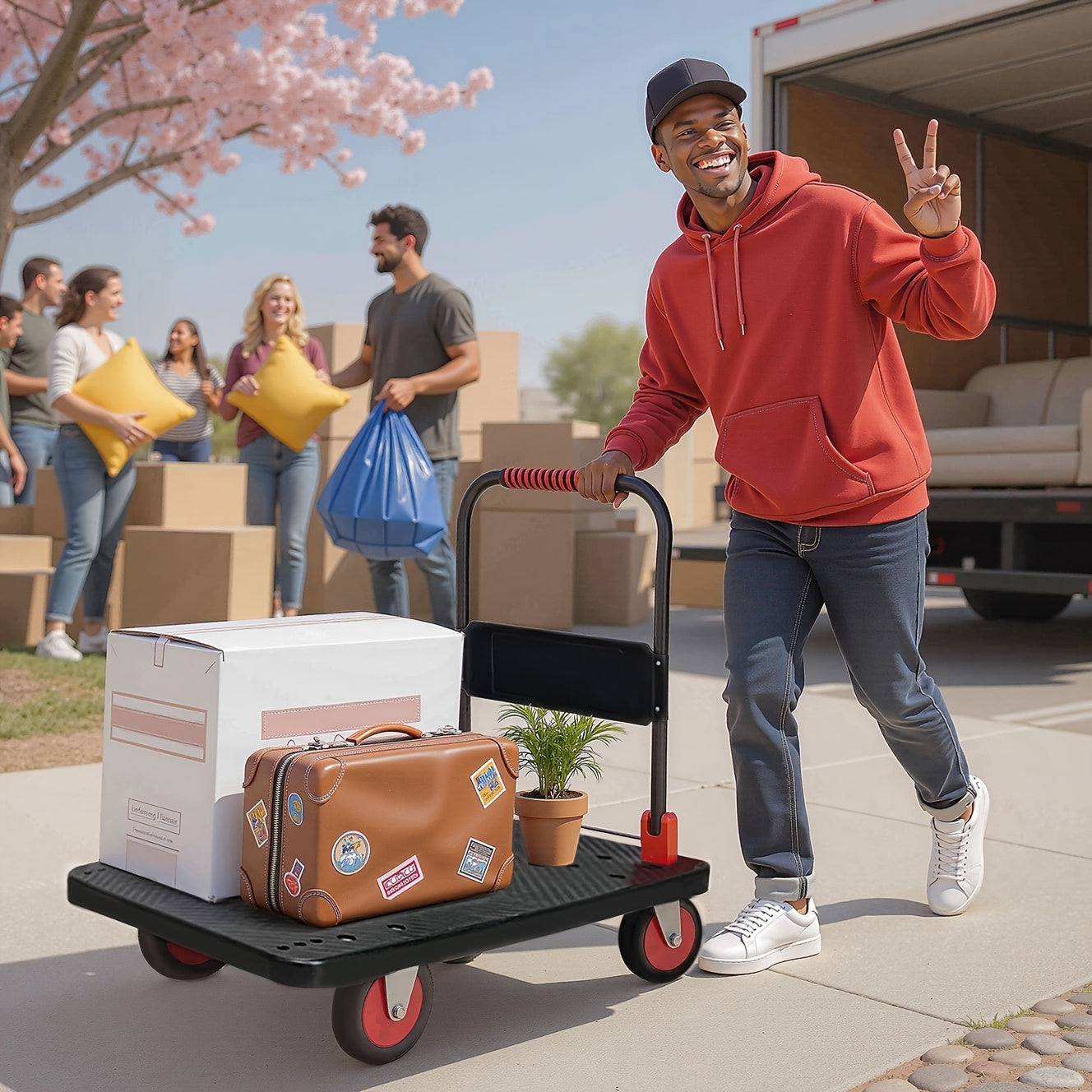 Collapsible Platform Trolley with Strong Load-bearing Capacity, A Multi-functional And Practical Flatbed Cart with 360° Rotating Silent Rubber Tires, Made Of Plastic Material, Heavy Duty Cart, Warehouse Trolley, Spacesaving