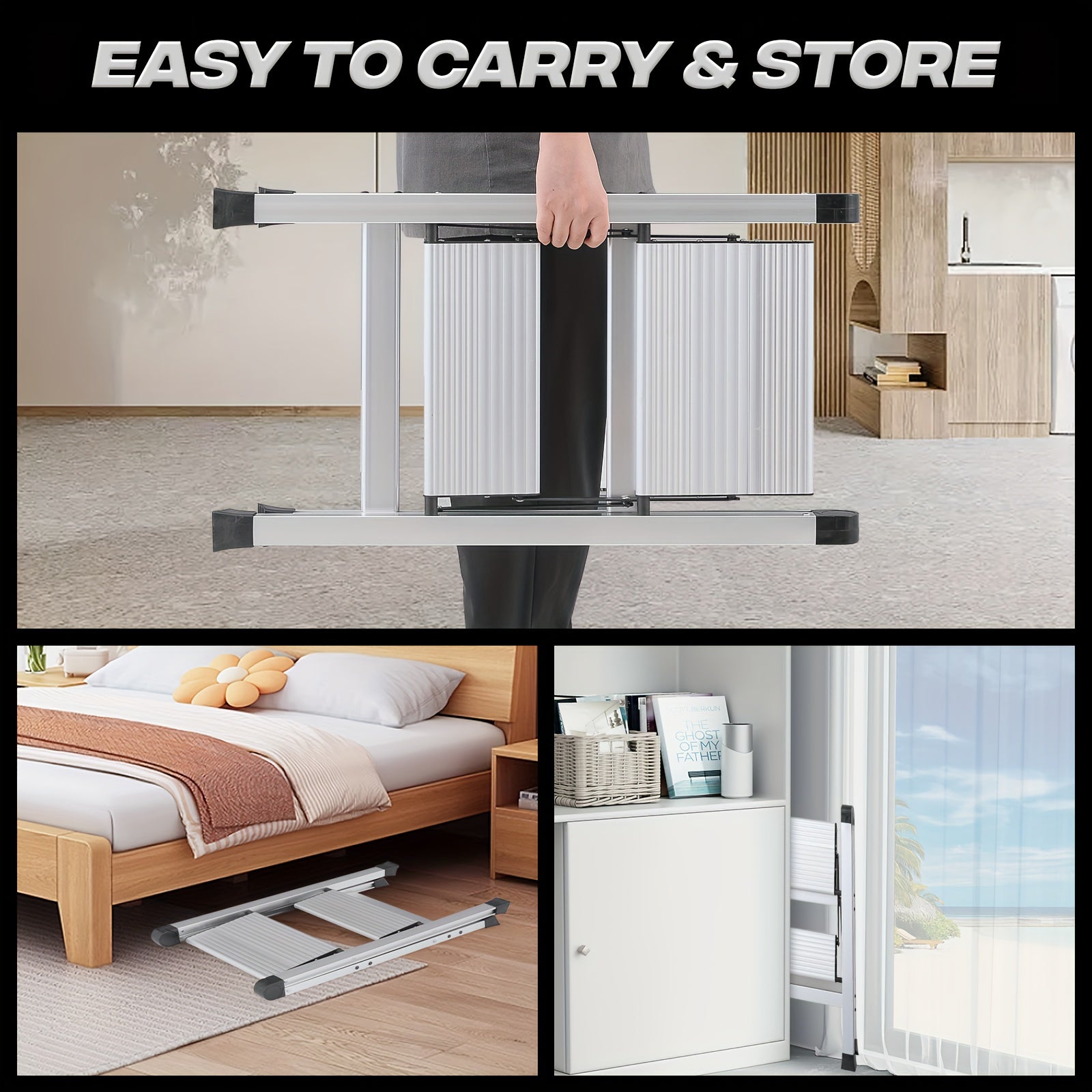 MoNiBloom 2 Step Ladder Portable Folding Stool with Wide Platform Step, Non-Slip Feet, 330 lbs Capacity for Home and Kitchen, Silvery