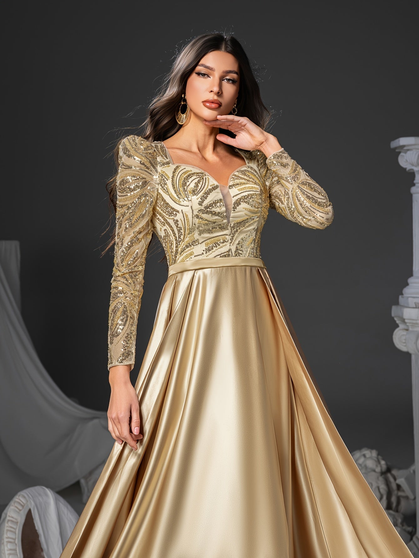 [Elegant Sequin Mermaid Dress] Elegant Sophisticated Women's Long Sleeve V-Neck Sequin Embellished Mermaid Dress with Flowy Train | Golden Formal Party Wedding Gown, Hand Wash Only, Wedding Guest Attire, Structured Bodice