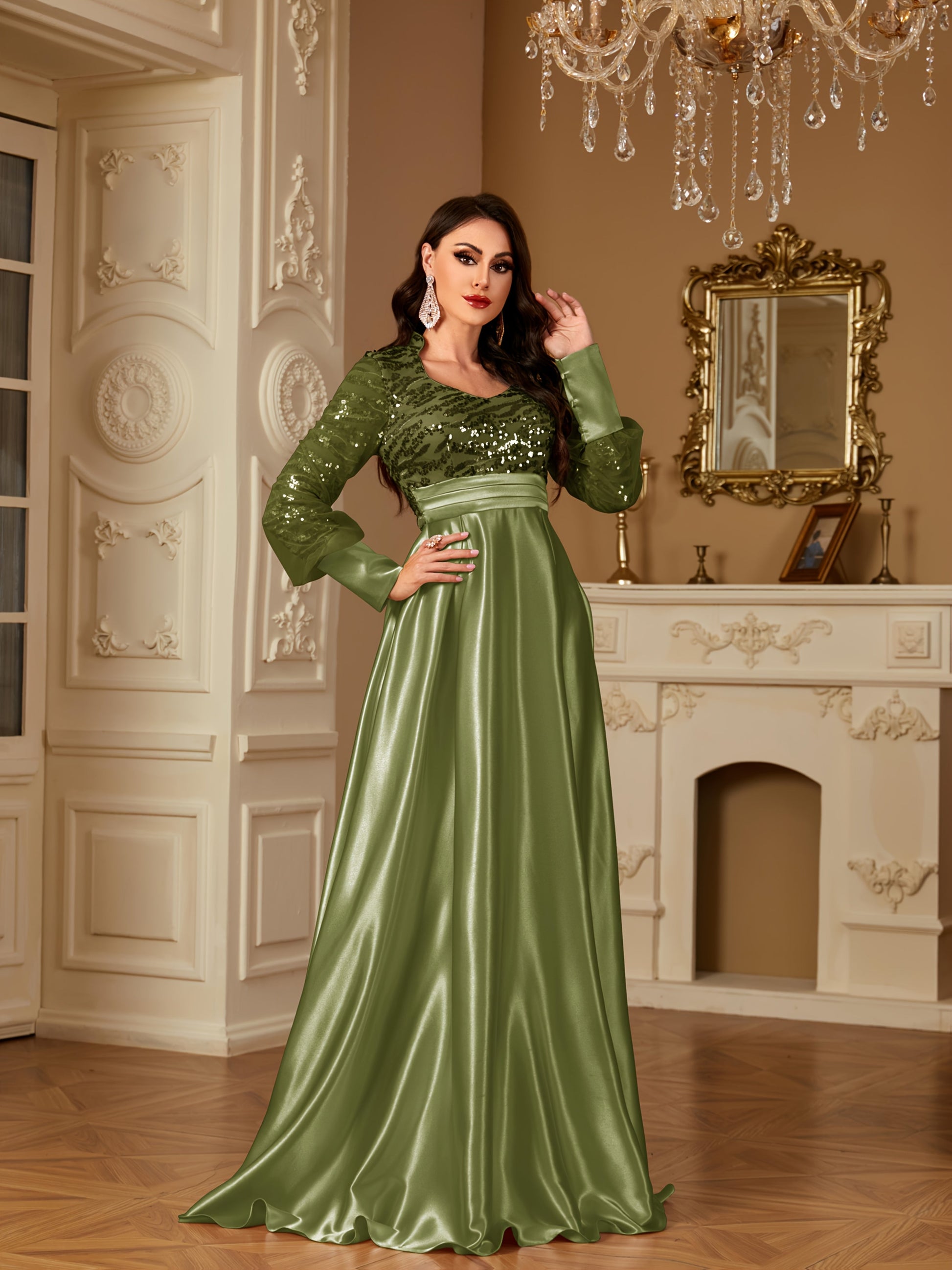 XUIBOL Women's Elegant Long Sleeve Satin Evening Gown - Waist-Cinching Slim Fit A-Line Dress with Sparkling Pearl & Sequin Embellishments, Round Neck Floor-Length Formal Party Dress for Weddings & Galas - Daisan Mart