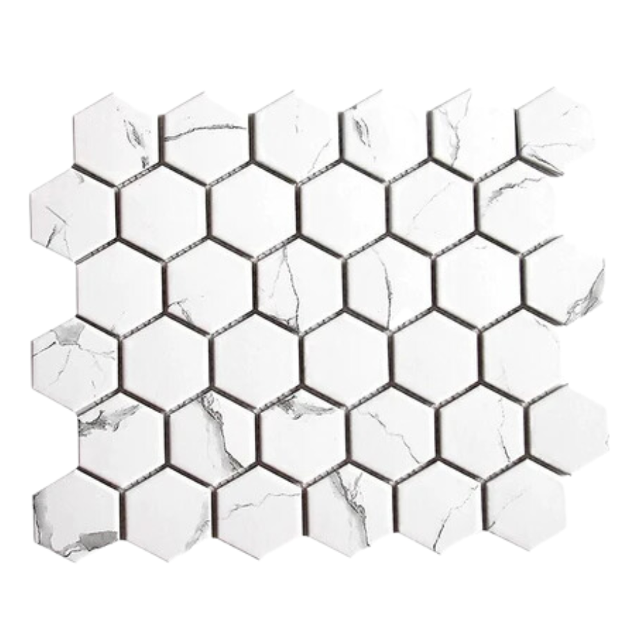 Gạch Mosaic Lục Giác Màu Trắng Vân Mây P56M01 - Daisan Mart