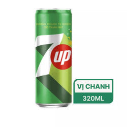Lon nước giải khát 7Up màu xanh lá, chữ "up" đỏ, dung tích 320ml, vị chanh.