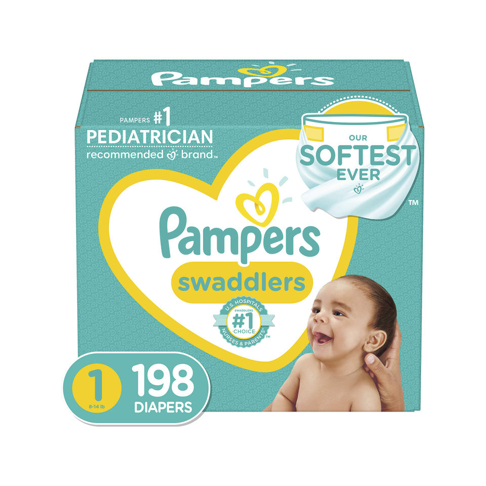 Hộp tã Pampers xanh ngọc, nhãn vàng, hình em bé cười, chữ "Our Softest Ever".
