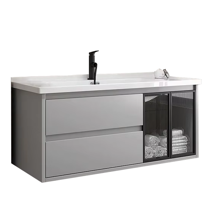 Bộ tủ phòng tắm đơn giản hiện đại, bồn rửa mặt bằng gốm sứ kết hợp gương thông minh LED - Daisan Mart
