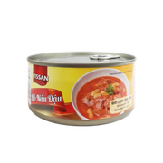 Hộp thịt bò nấu đậu, nền vàng, hình món ăn đỏ cam, nắp kim loại.
