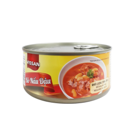 Hộp thịt bò nấu đậu, nền vàng, hình món ăn đỏ cam, nắp kim loại.