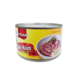 Lon bò hầm Vissan màu vàng, hình món bò hầm ở giữa, chữ đỏ trên nền trắng.