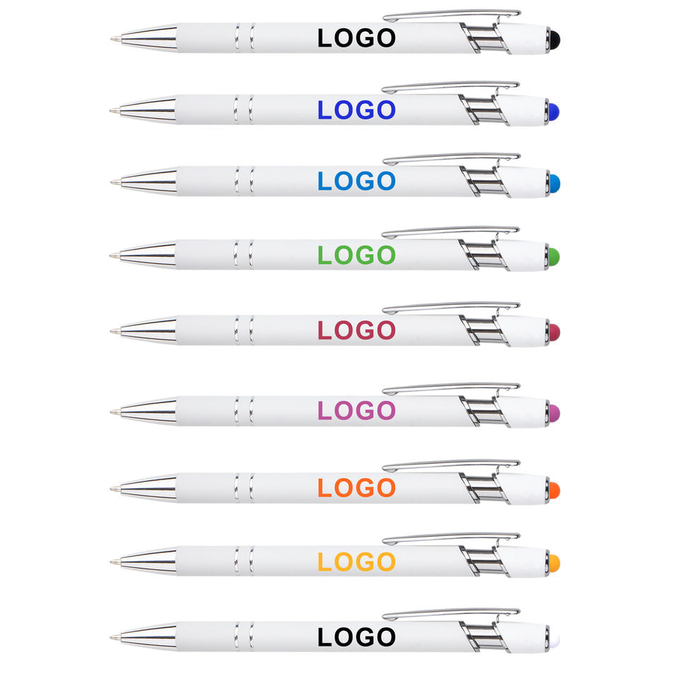 White aluminum metal stylus ballpoint pen promotional gift with soft rubber tip touch screen custom logo printing for mobile phone 