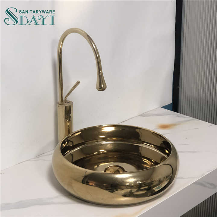 Chậu rửa mặt lavabo sứ mạ điện SDAYI, mặt bàn phòng tắm, chậu rửa bằng gốm sứ nghệ thuật sang trọng màu vàng - Daisan Mart