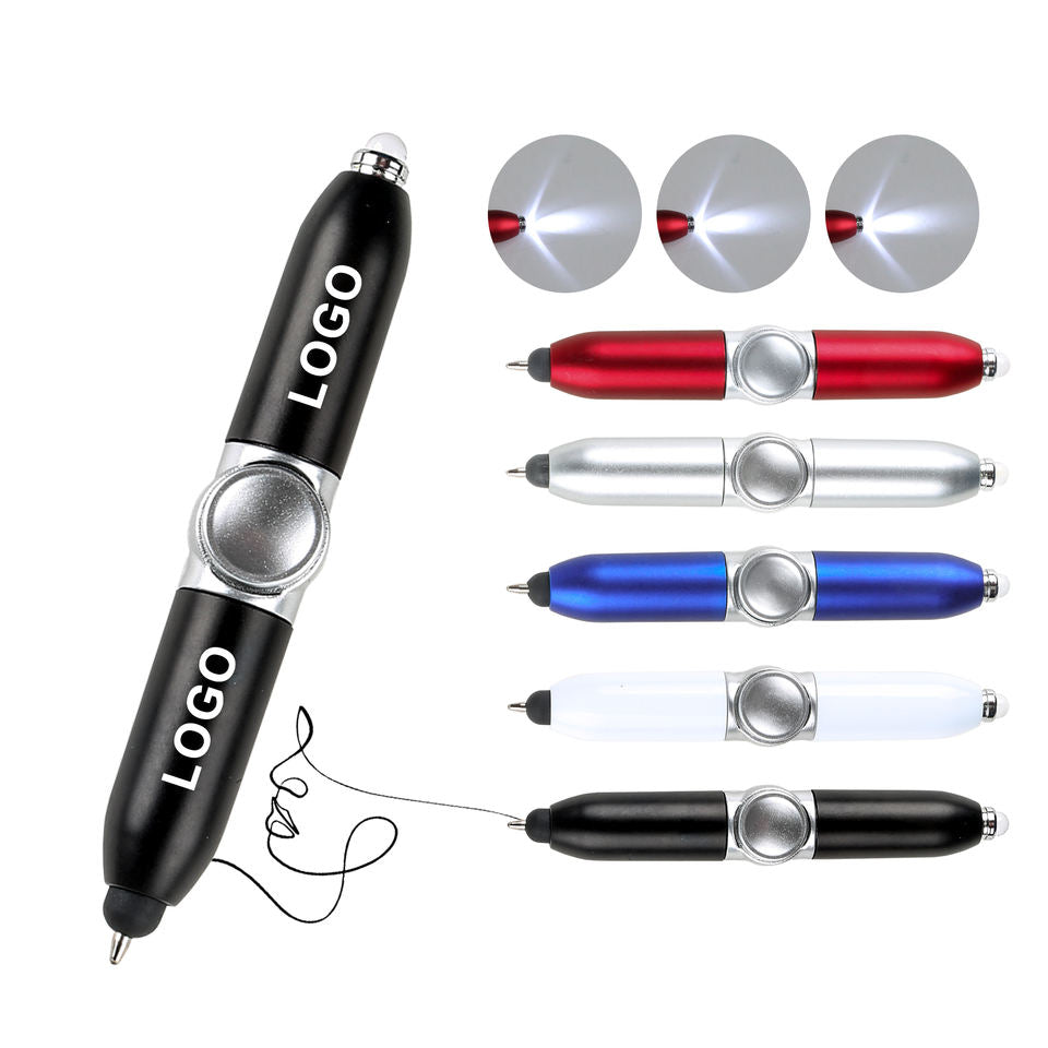 Bút đa năng màu đen, đỏ, bạc, xanh dương, trắng, có đèn LED, logo, và dây đeo.