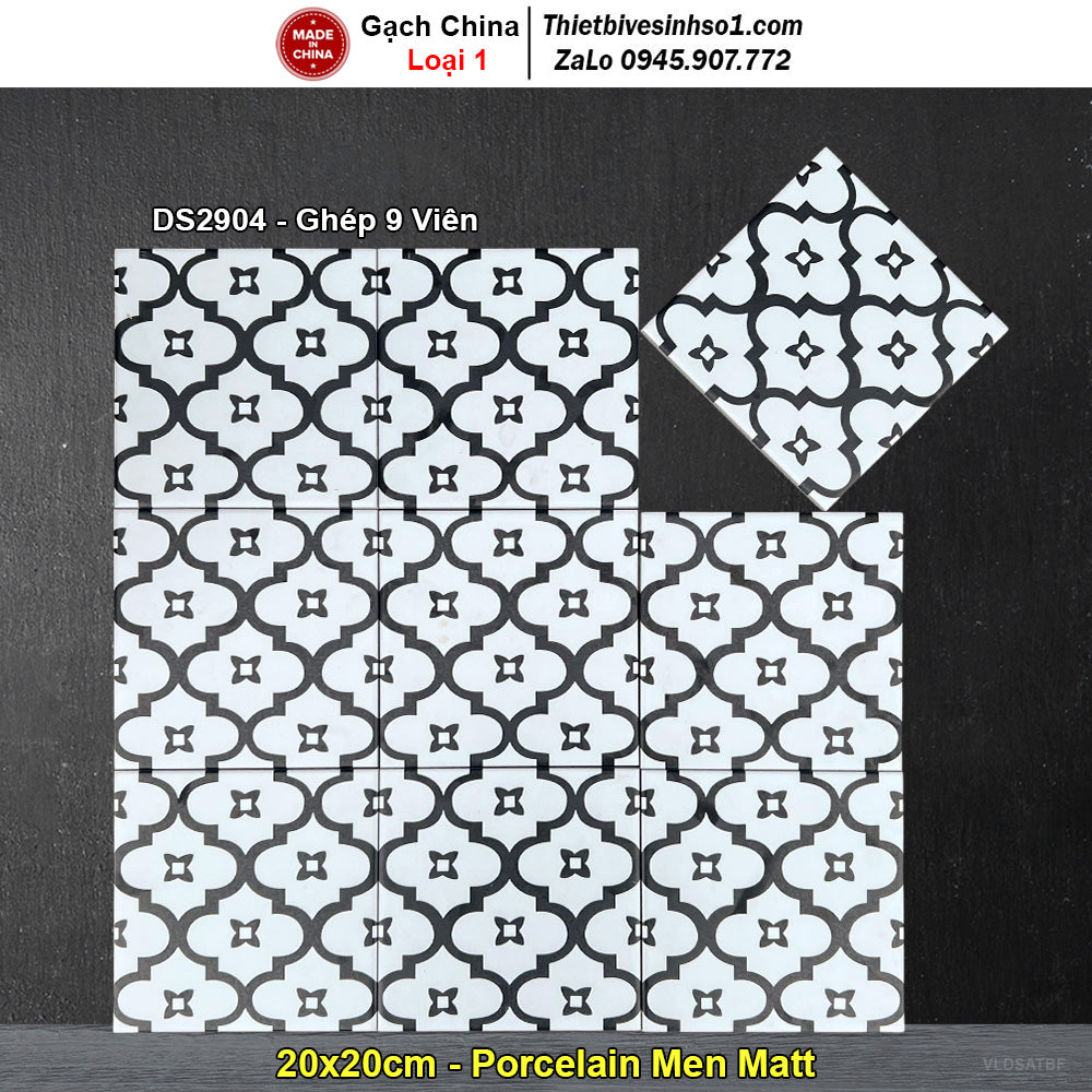 Gạch men trắng đen họa tiết hình học, 9 viên ghép, kích thước 20x20cm.