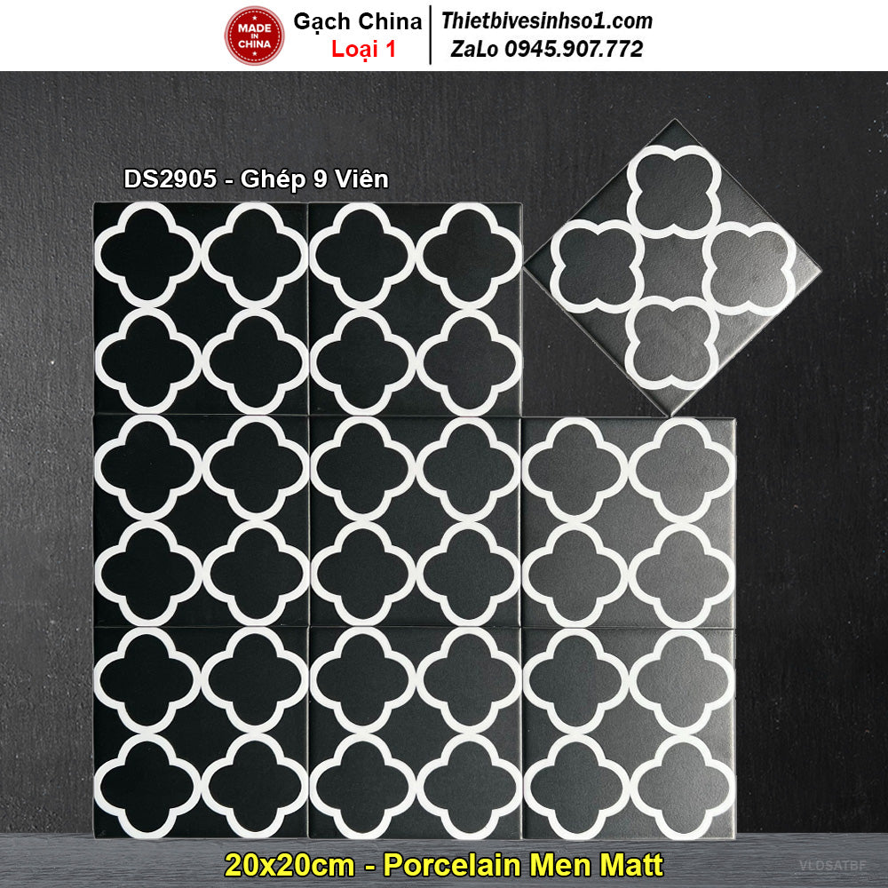 Gạch men sứ đen trắng họa tiết hoa văn, kích thước 20x20cm, sắp xếp 9 viên.