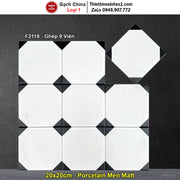 Gạch sứ trắng đen 20x20cm, 9 viên ghép, bề mặt mờ, họa tiết hình thoi.