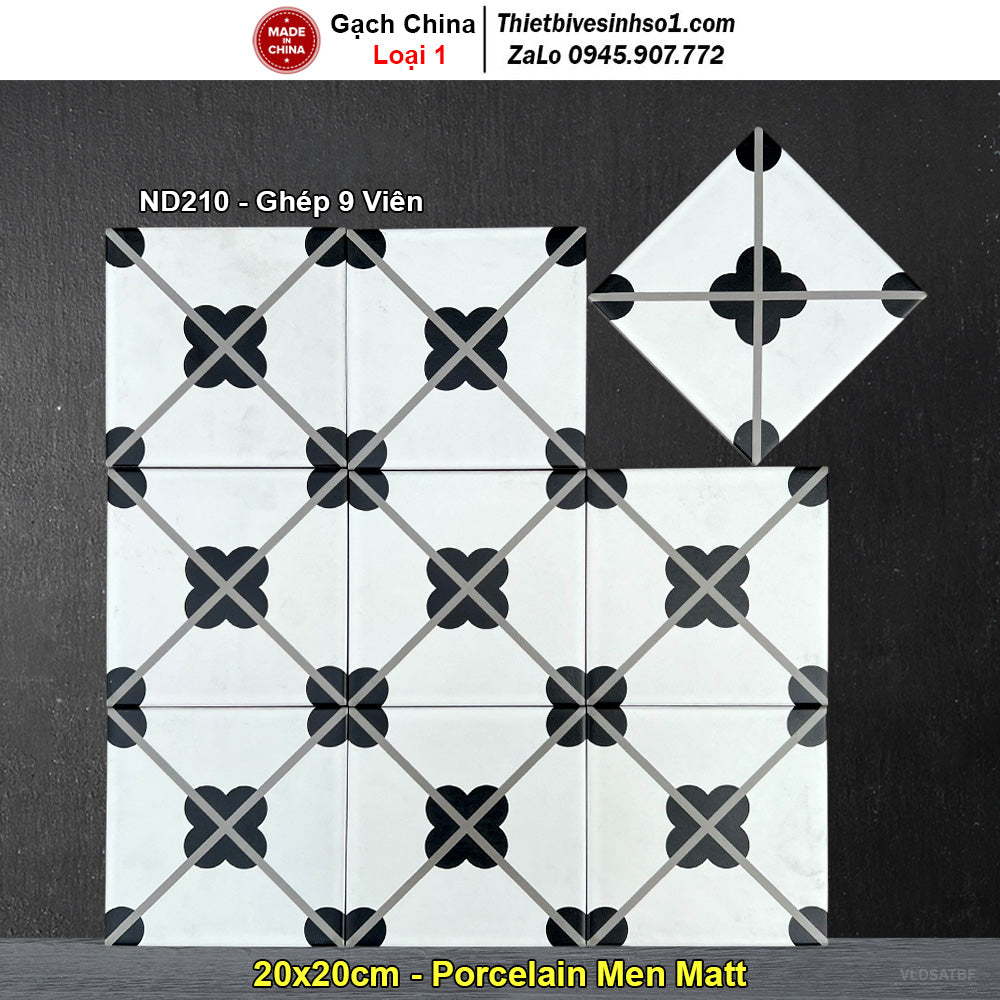 Gạch trắng họa tiết đen, ghép 9 viên, kích thước 20x20 cm, nền xám.