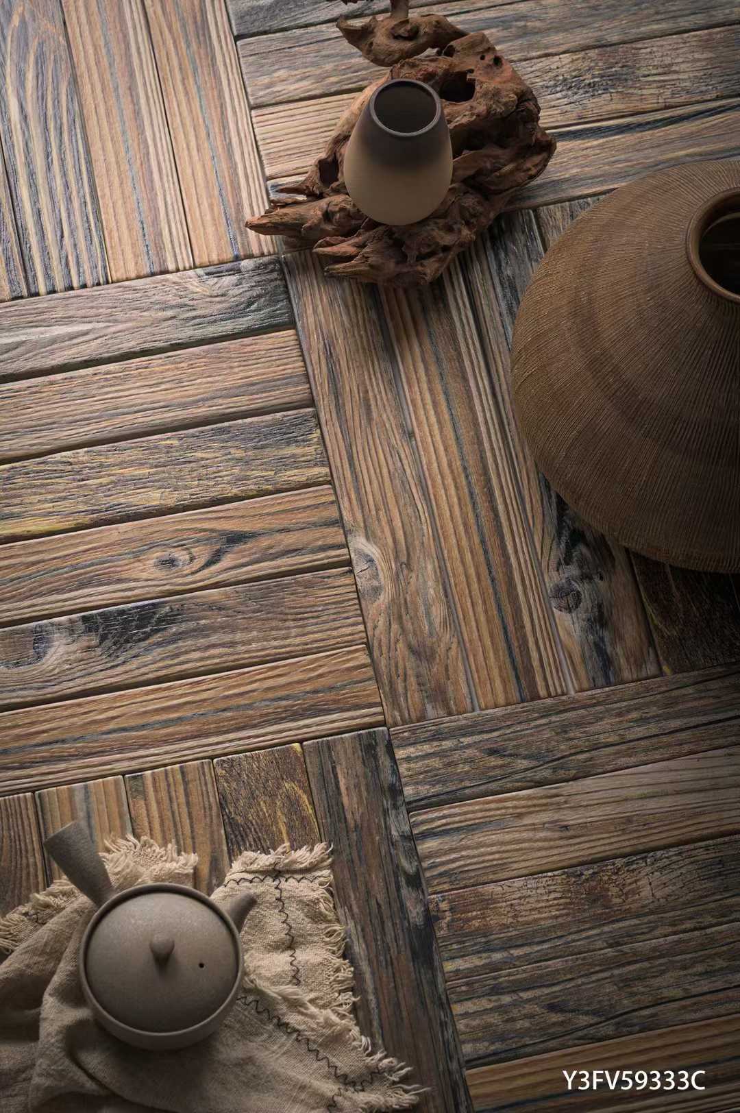 Gạch lát nền gốm họa tiết xương cá vân gỗ màu xám giả cổ cao cấp - Daisan Mart