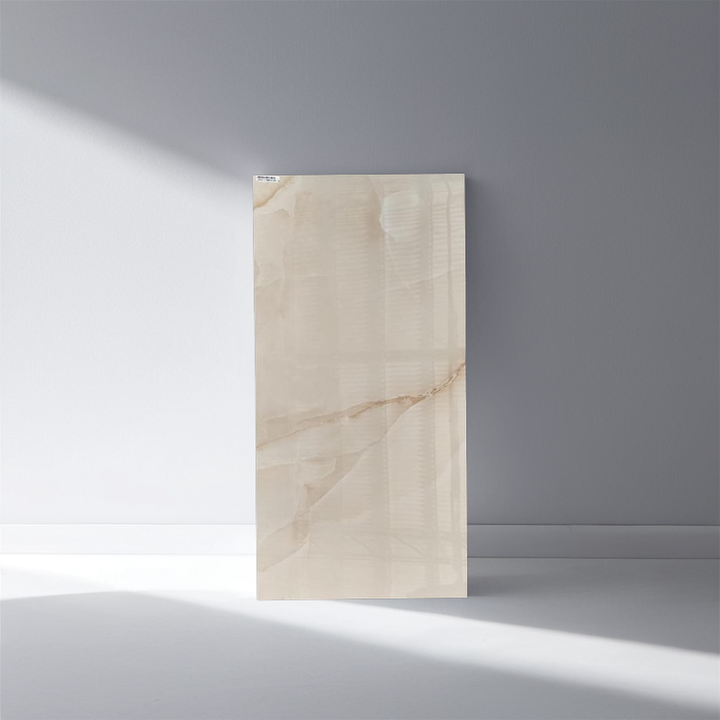 Gạch lát sàn sứ bóng cao cấp 600x1200mm Aesenia Onyx màu be đánh bóng với họa tiết vân đá cẩm thạch cho tường - Daisan Mart