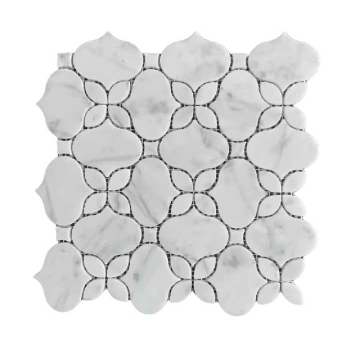 Gạch mosaic họa tiết tia nước CARRARA WHITE thiết kế hiện đại OMK cho tường phòng tắm, phòng bếp - Daisan Mart