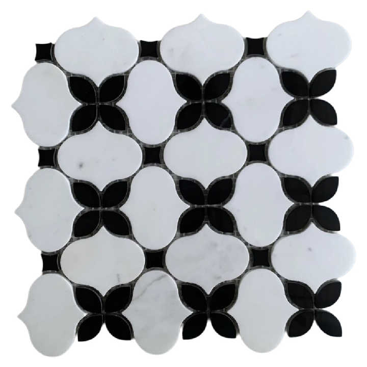 Gạch mosaic tia nước Thassos màu trắng và đen họa tiết hoa OMK cho nhà cung cấp gạch ốp tường phòng tắm bằng đá cẩm thạch - Daisan Mart
