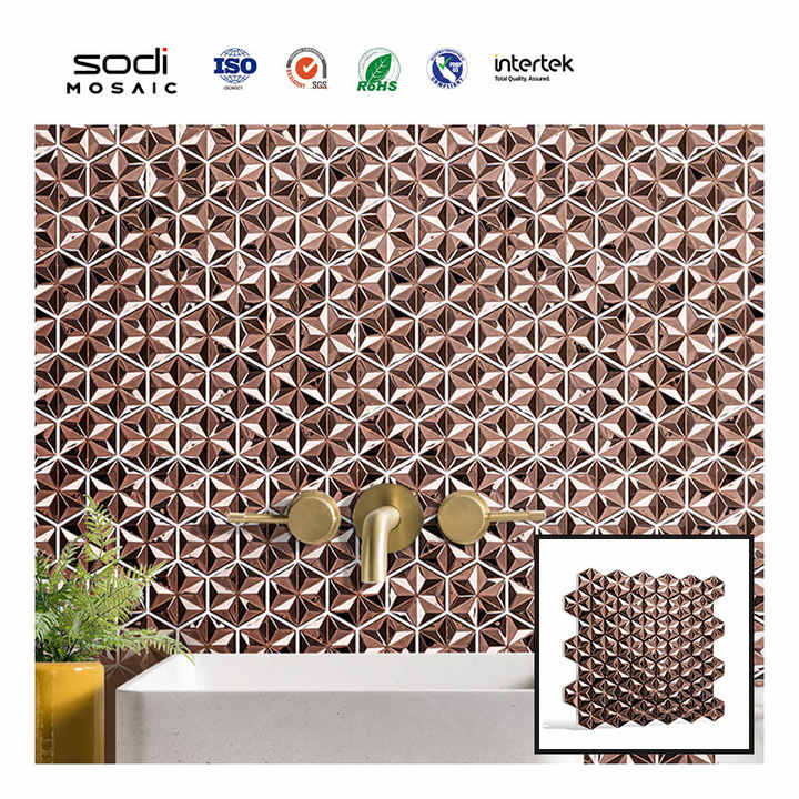 Gạch ốp tường bếp hình lục giác bằng thép không gỉ bóng 3D hình bắt đầu màu vàng hồng bạc tím - Daisan Mart
