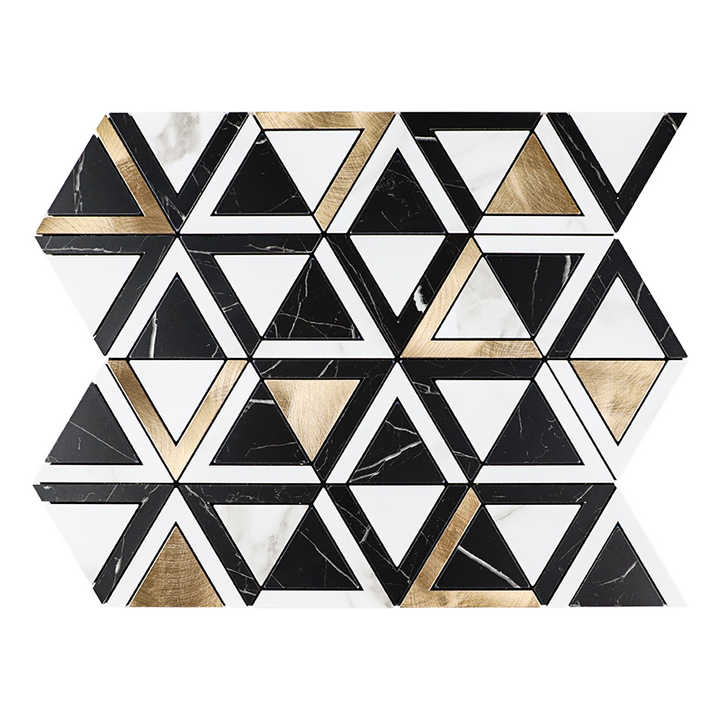 Gạch ốp tường chống thấm nước Nero Marquina hình tam giác màu vàng PVC khảm nhôm màu vàng bóc ra và dán dùng trong nhà - Daisan Mart