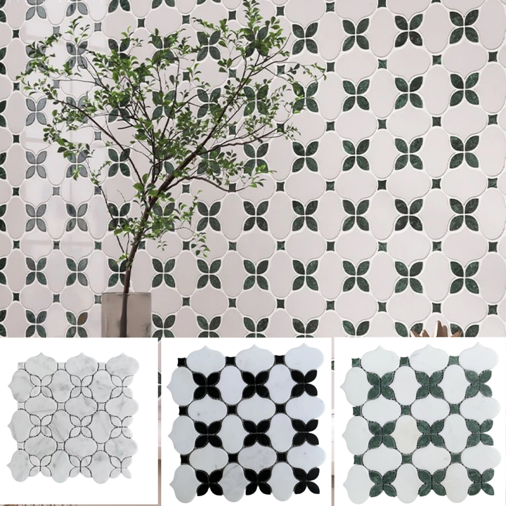 Gạch ốp tường phòng tắm bằng đá cẩm thạch OMK Green and White Pallas Waterjet Houndstooth Carrara Blend - Daisan Mart