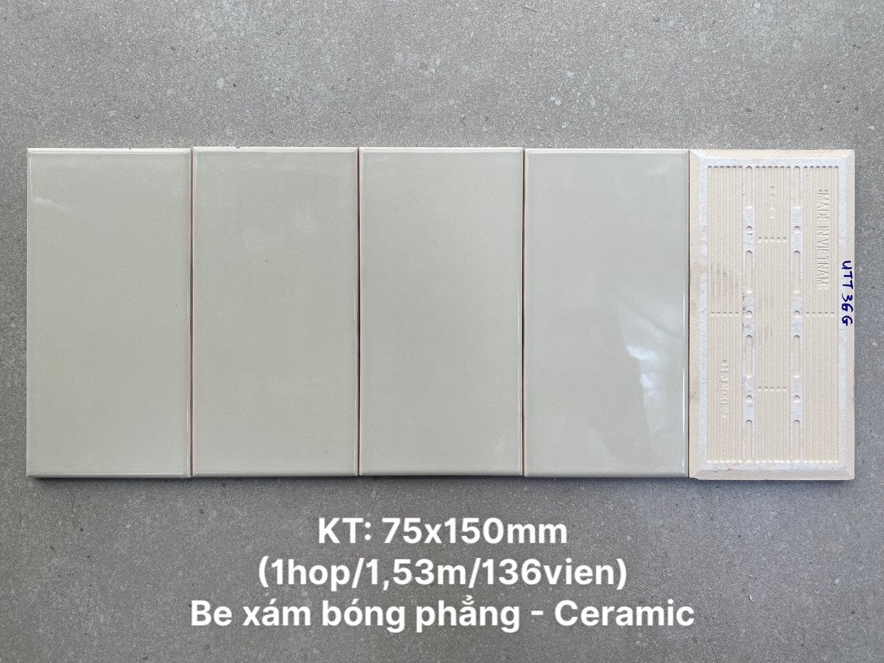 Gạch thẻ Việt Nam xám bóng phẳng KT 75x150mm loại 1    mã FA0306P - Daisan Mart