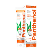 Tuýp kem trắng, chữ cam "Panthenol", hình con cáo và lá nha đam xanh. Hộp nền trắng chữ cam.