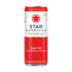 Lon nước uống Star Kombucha màu trắng đỏ, hương dâu tây, có logo ngôi sao.