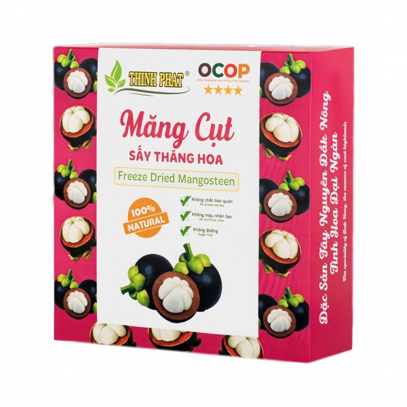 Hộp măng cụt sấy khô nền hồng, có hình ảnh măng cụt và chữ “100% Natural”.