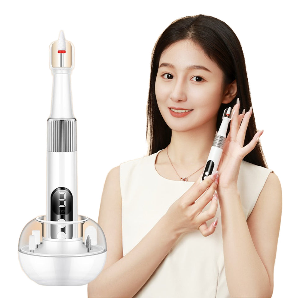 Người phụ nữ cầm dụng cụ chăm sóc tai màu trắng, thiết kế hiện đại, nền trắng.