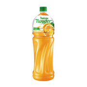Chai nước cam Tropicana Twister, có nắp xanh, nhãn trắng, hình lát cam.
