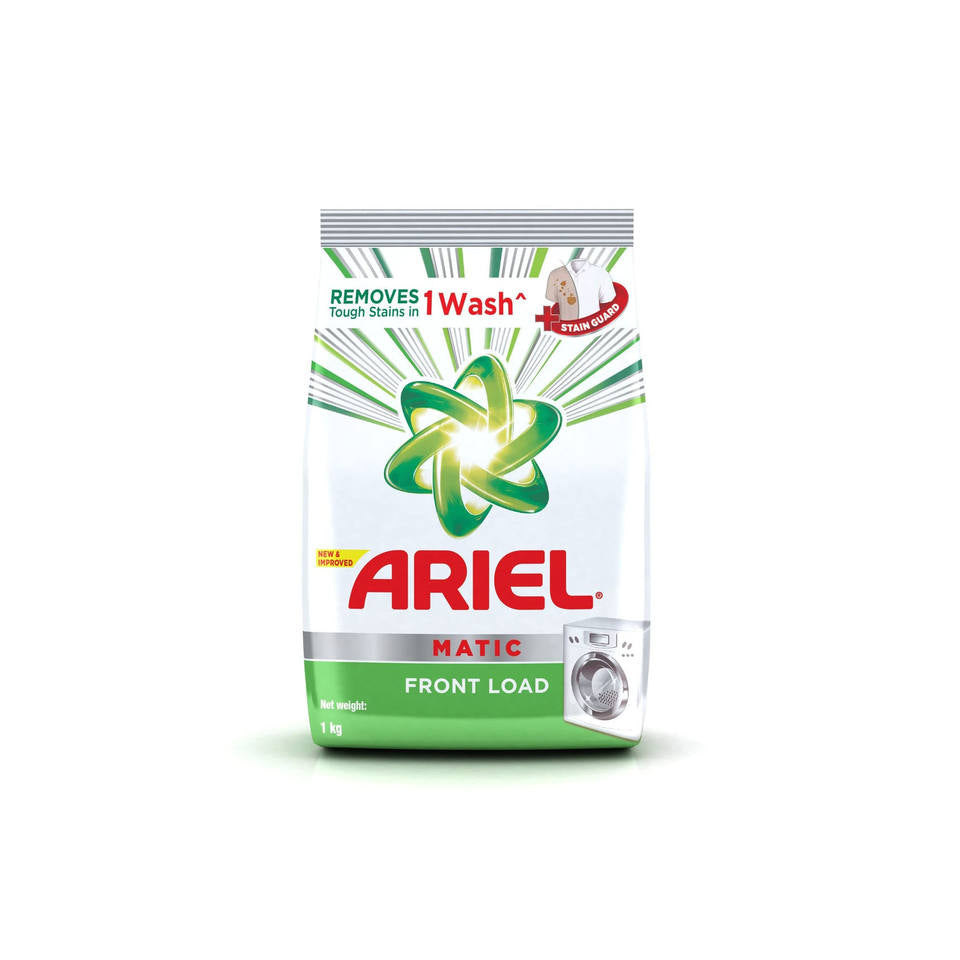 Gói bột giặt Ariel, màu xanh trắng, hình ngôi sao xanh, chữ đỏ, dành cho máy giặt cửa trước.