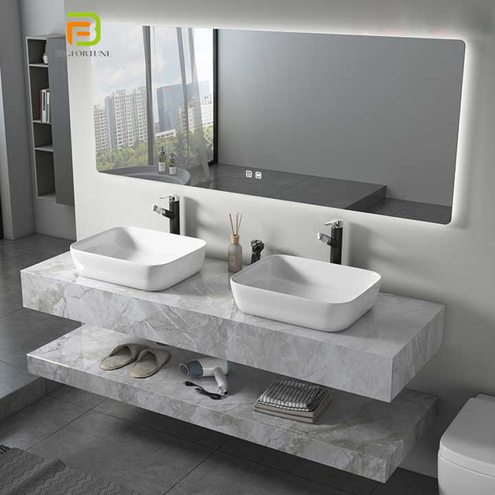 Tủ lavabo bằng đá phiến kiểu Châu Âu, bồn rửa mặt đôi bằng đá cẩm thạch, gắn tường, gương LED - Daisan Mart