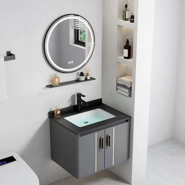 Tủ lavabo phòng tắm bằng gỗ dán phổ biến kiểu mới có tủ gương LED, tủ lavabo phòng tắm màu xám có bồn rửa bằng đá phiến - Daisan Mart