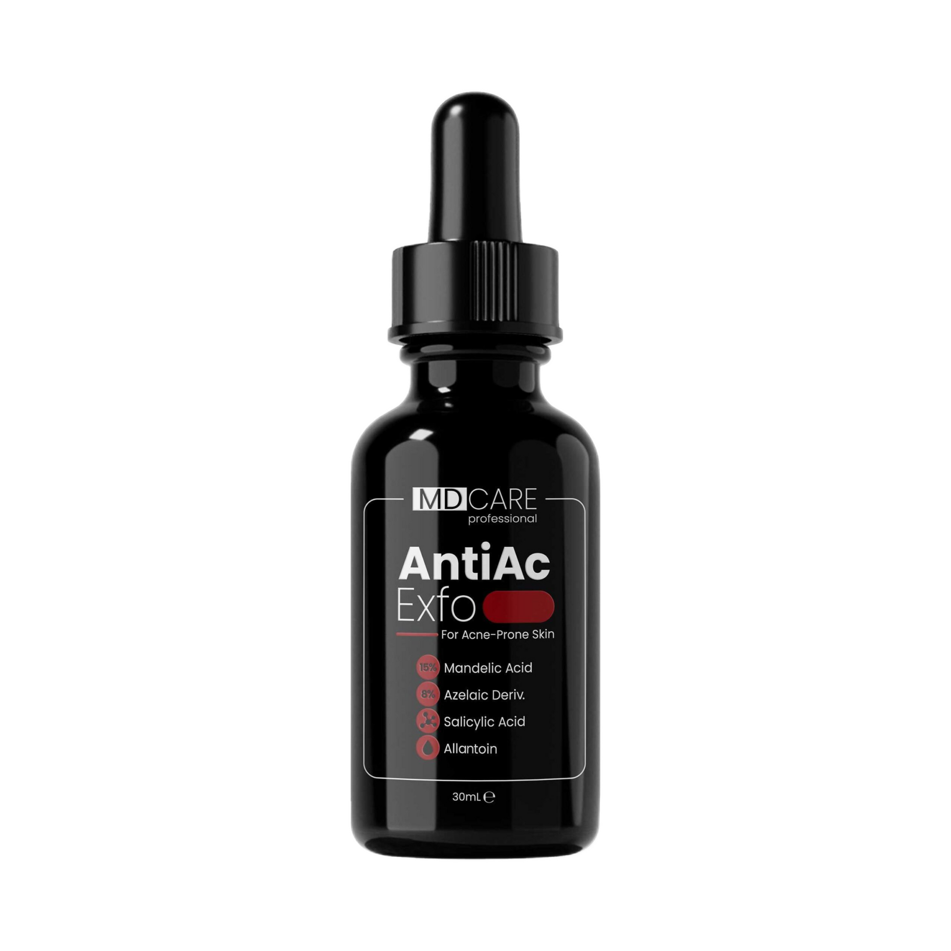 Chai serum màu đen, nhãn trắng, chữ đen và đỏ, có nắp ống nhỏ giọt.
