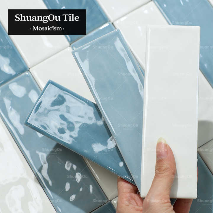 Dòng sản phẩm sơn dầu dạng que, sứ tráng men tia nước, gạch mosaic dải màu xanh cho phòng tắm, bếp bằng gốm, gạch mosaic - Daisan Mart