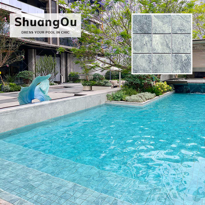 Gạch mosaic tường hồ bơi khách sạn biệt thự in hoa văn Trung Quốc, nhìn như đá cẩm thạch, sân vườn, cảnh quan ngoài trời, hồ bơi, gạch mosaic sứ - Daisan Mart