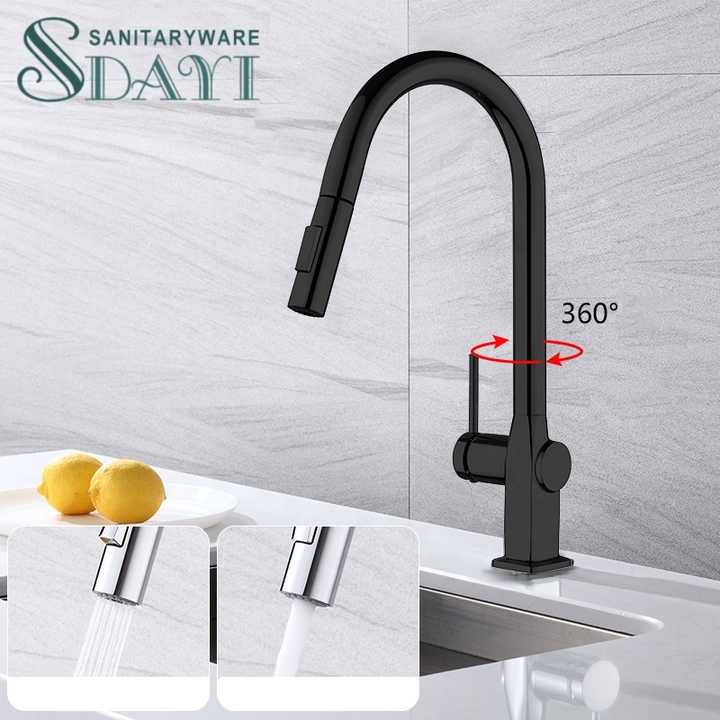 Vòi chậu rửa bát hiện đại SDAYI 360 độ, vòi trộn bằng đồng thau đen, lắp đặt đơn, kéo xuống, vòi chậu rửa bát - Daisan Mart