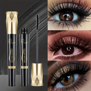 Mascara Rocket màu đen và vàng cạnh 3 hình mắt trang điểm với lông mi dài, dày.