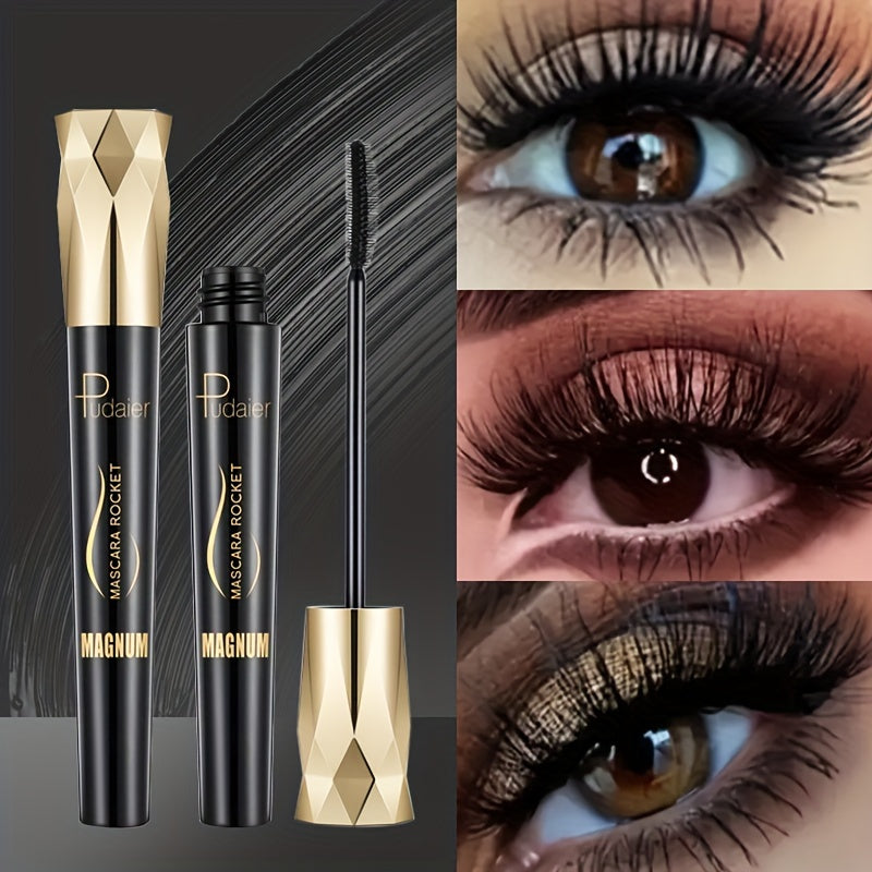 Mascara Rocket màu đen và vàng cạnh 3 hình mắt trang điểm với lông mi dài, dày.