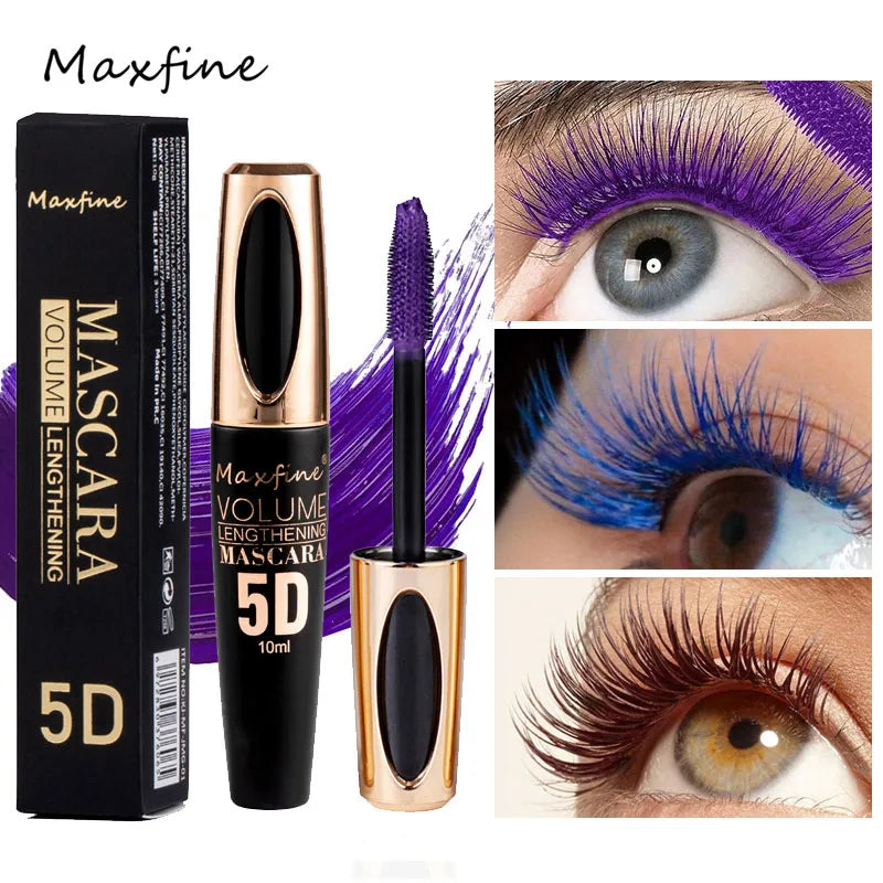 Mascara Maxfine 5D màu tím, xanh và nâu, hộp đen, cọ màu tím, lông mi dày và dài.