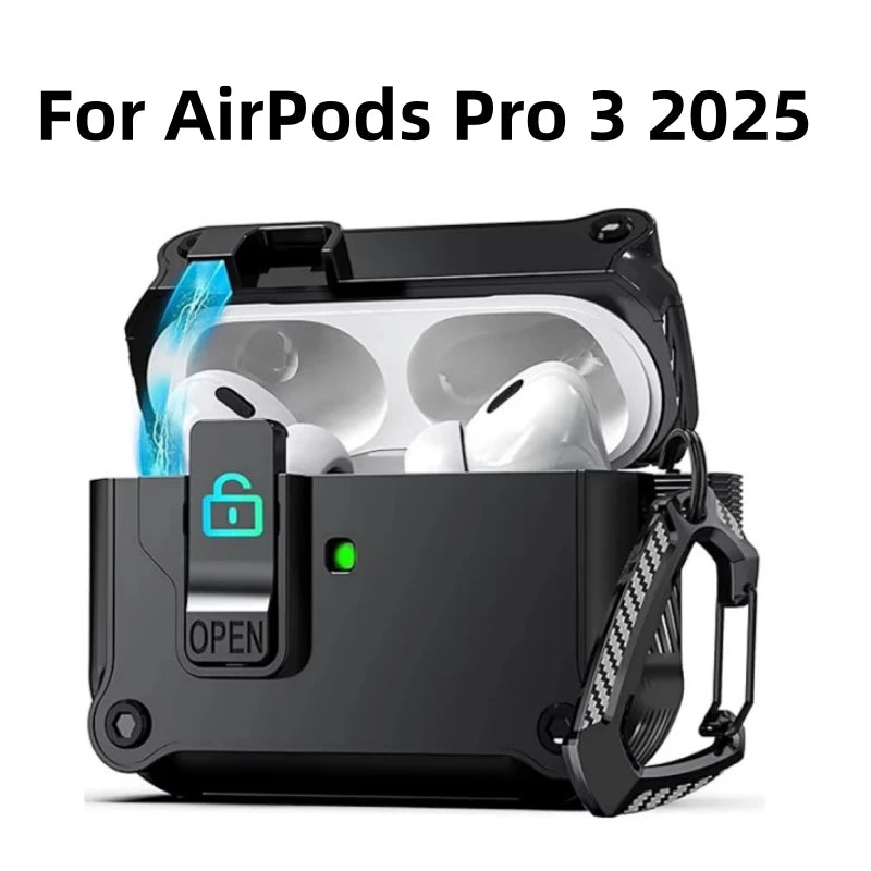 Hộp sạc AirPods Pro 3 màu đen với đèn xanh, có nút mở khóa và móc treo.