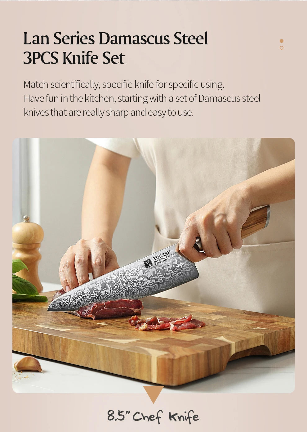 XINZUO 1PC-3PCS Damascus Japanese VG10 Steel Chef Knife Santoku Knife Utility Knife Olive Wood Handle with Copper Flower Nails - Daisan Mart