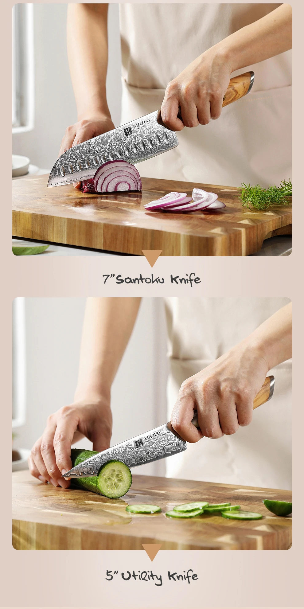 XINZUO 1PC-3PCS Damascus Japanese VG10 Steel Chef Knife Santoku Knife Utility Knife Olive Wood Handle with Copper Flower Nails - Daisan Mart