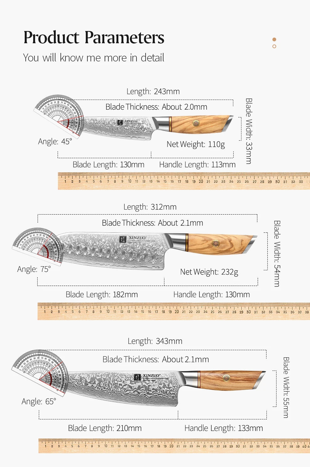 XINZUO 1PC-3PCS Damascus Japanese VG10 Steel Chef Knife Santoku Knife Utility Knife Olive Wood Handle with Copper Flower Nails - Daisan Mart