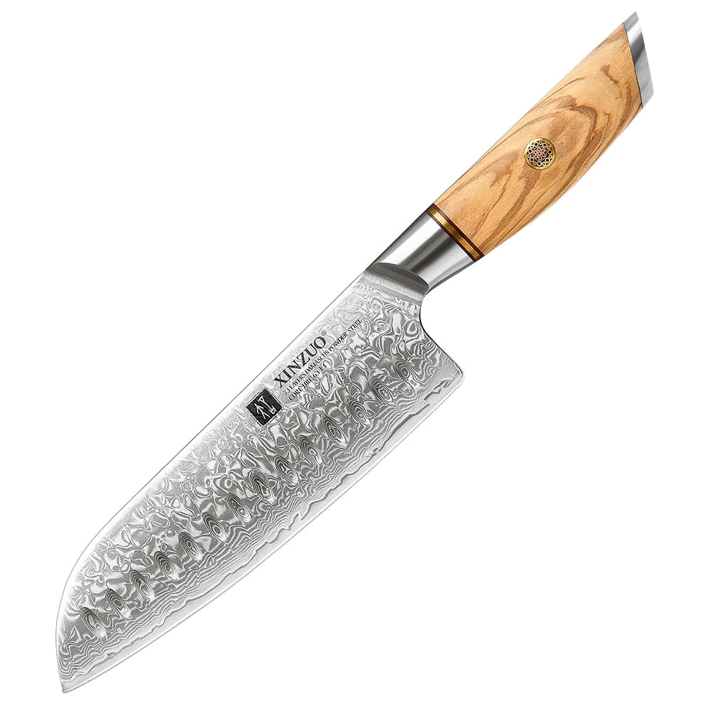 XINZUO 1PC-3PCS Damascus Japanese VG10 Steel Chef Knife Santoku Knife Utility Knife Olive Wood Handle with Copper Flower Nails - Daisan Mart