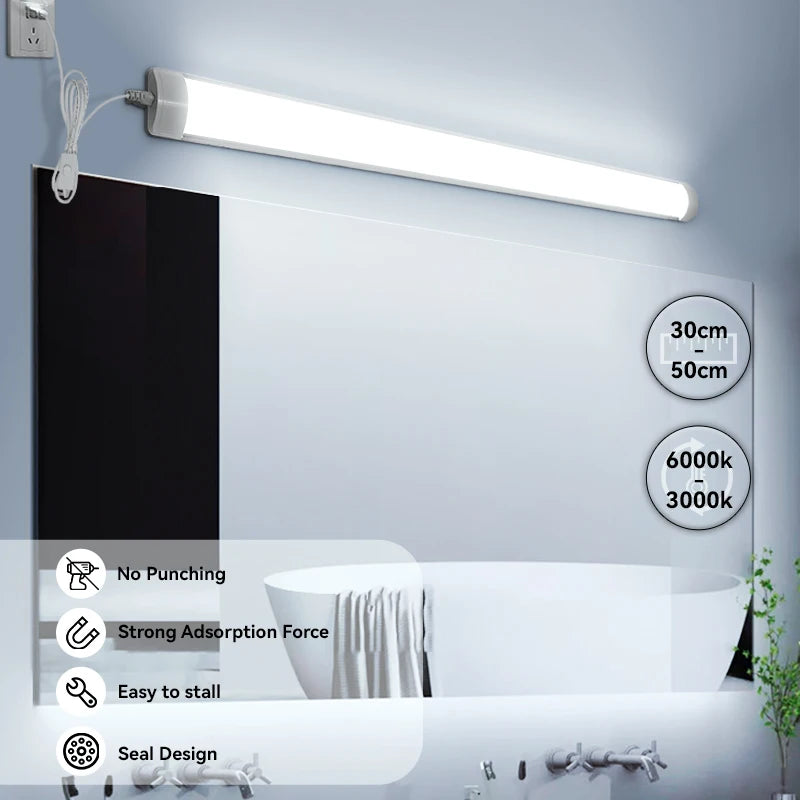 Đèn LED trắng dài trên gương, với các thông số kỹ thuật và bồn tắm nền màu trắng.