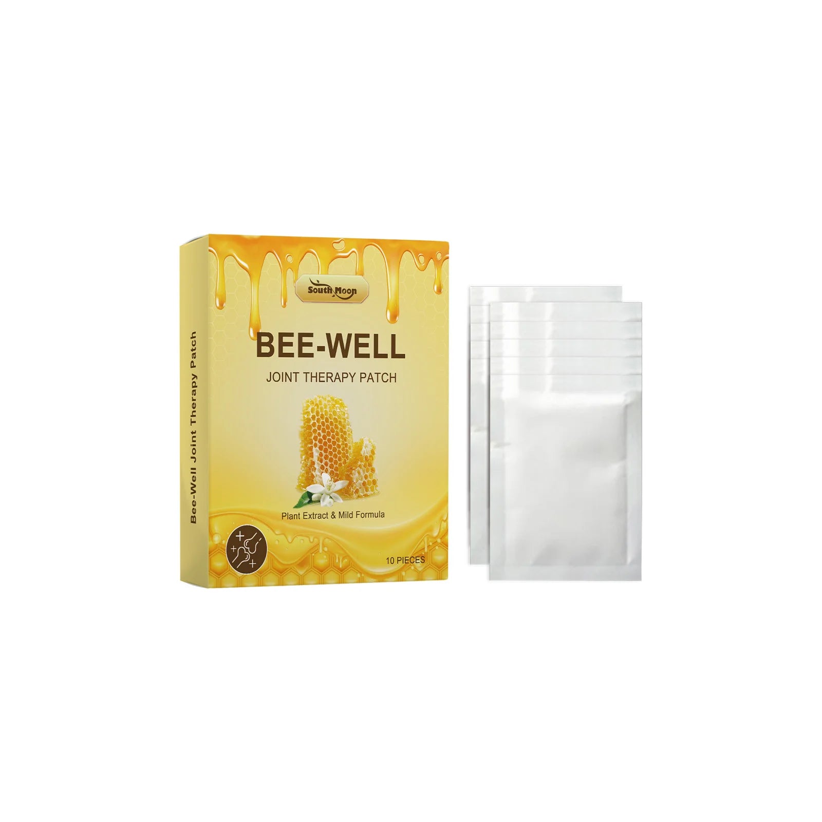 Hộp miếng dán trị liệu Bee-Well màu vàng, có hình sáp ong và hoa, kèm túi trắng bên cạnh.